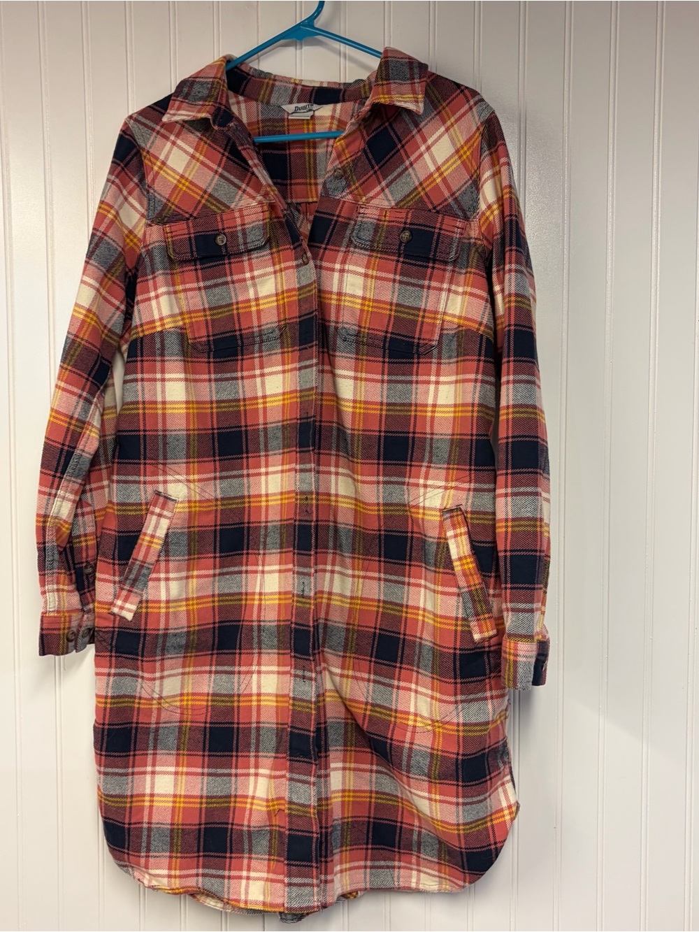 Duluth Trading Plaid Button-Up Flannel Dress in Red, Navy & Mustard Medium